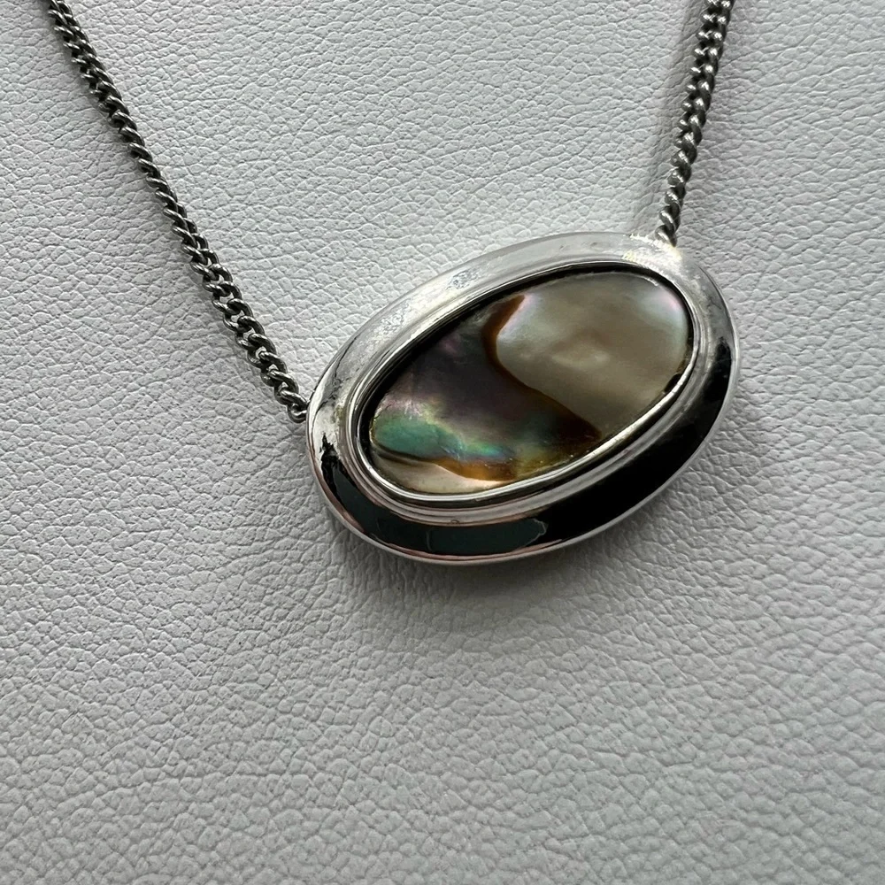 Vintage Avon Silver Tone Abalone Pendant Necklace